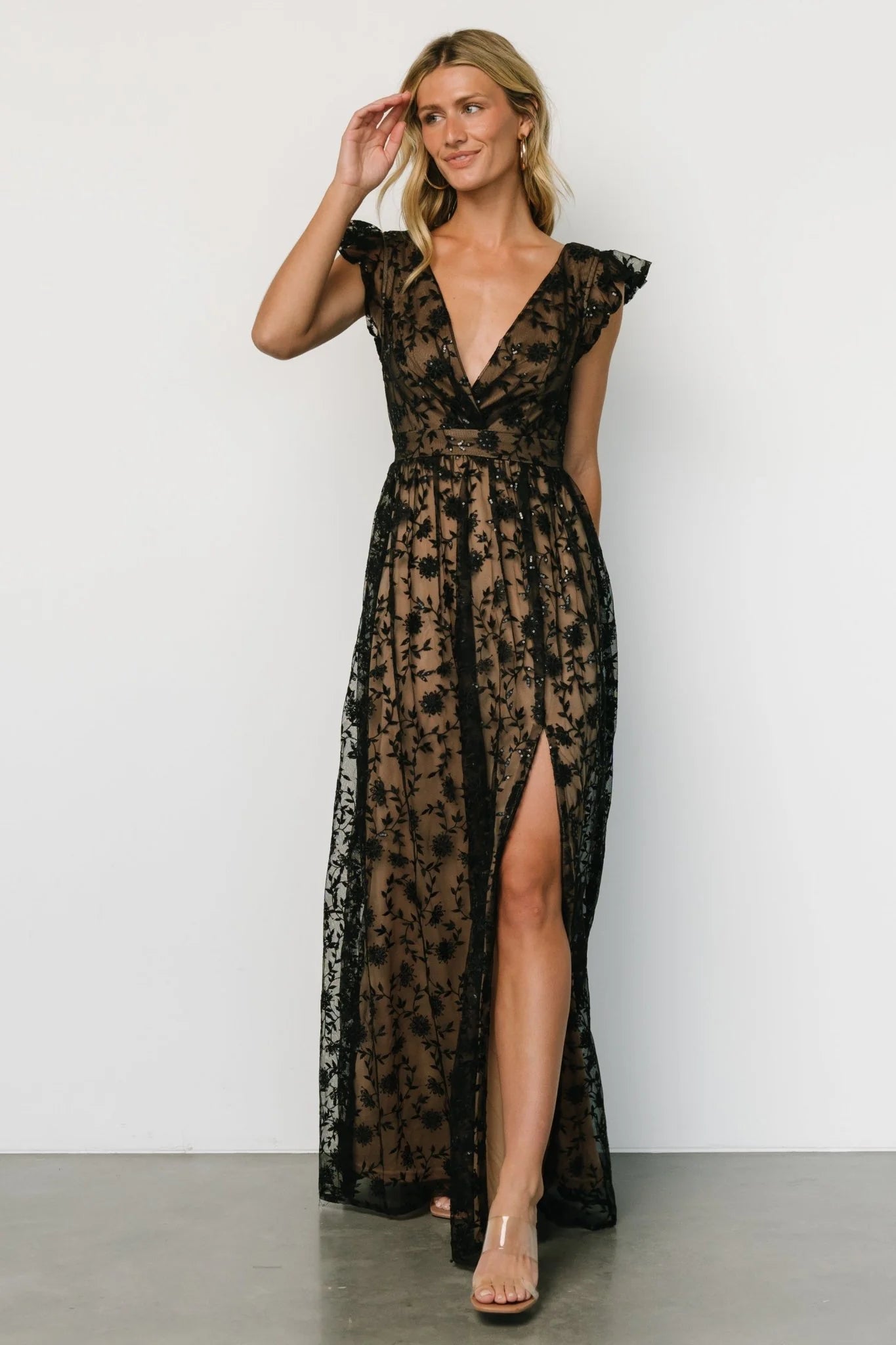 Alexa Embroidered Sequin Maxi Dress | Black + Nude