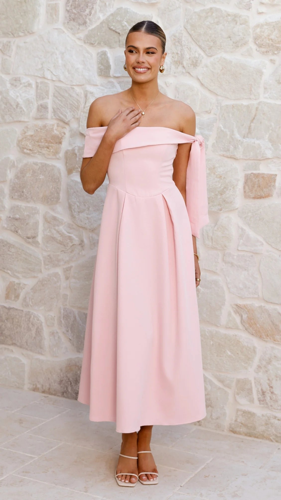 Bentley Off Shoulder Midi Dress - Pink