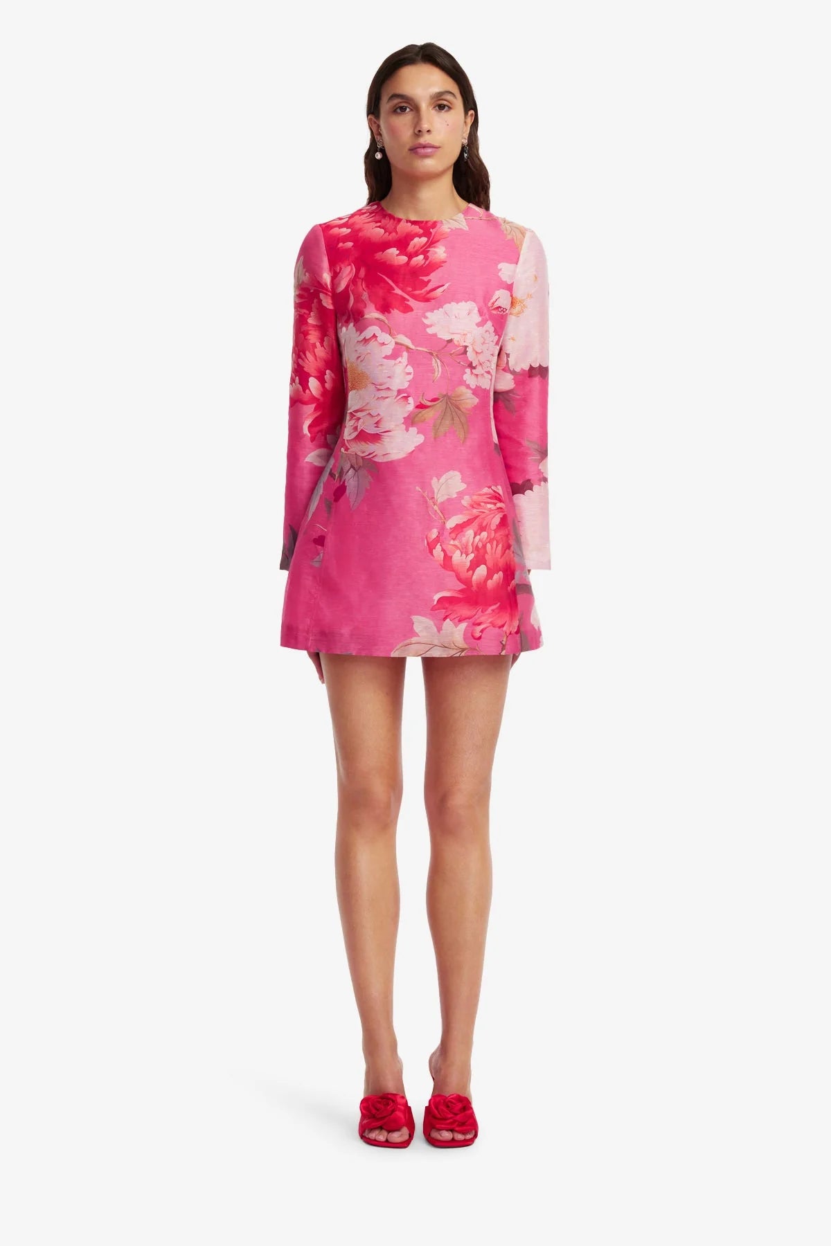 Aliza Long Sleeve Mini Dress - Peony Print in Fuchsia