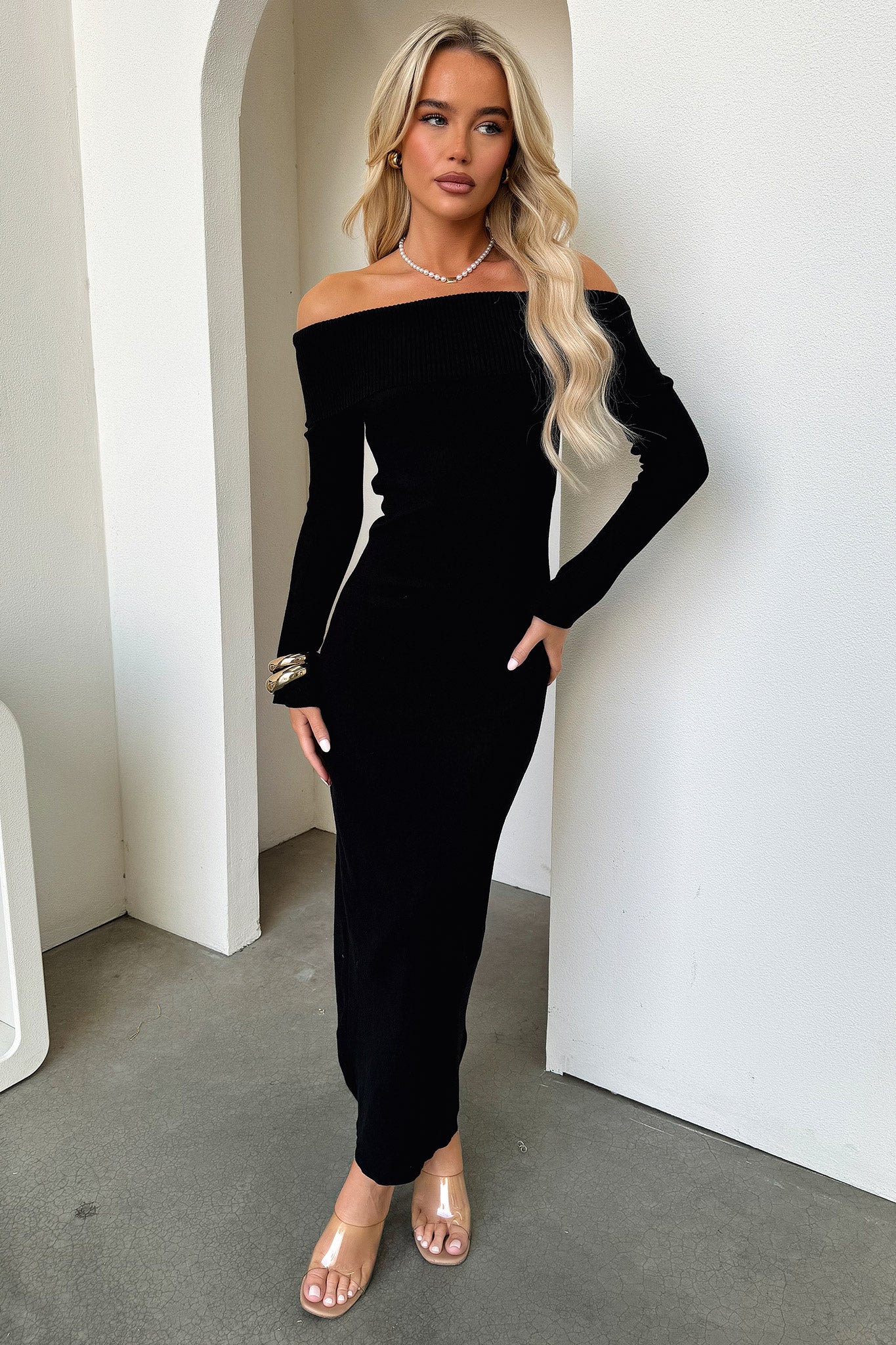 Aaliyah Off Shoulder Knit Maxi Dress - Black