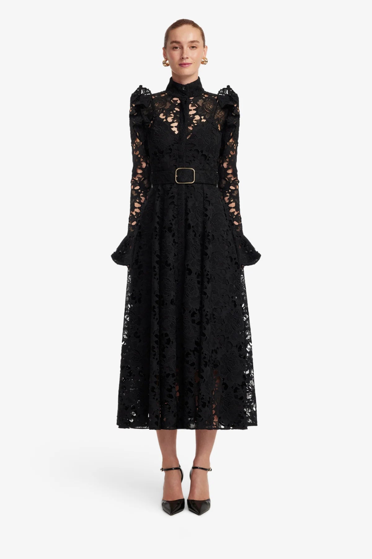 Aliyah Lace Butterfly Sleeve Midi Dress - Ebony